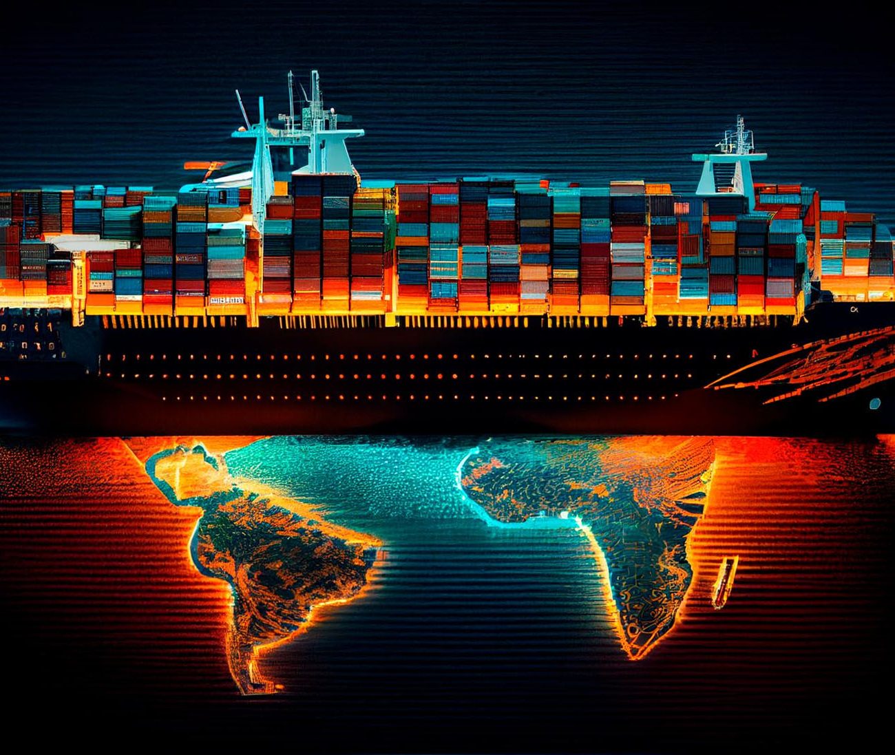 a large container ship with a map of the world